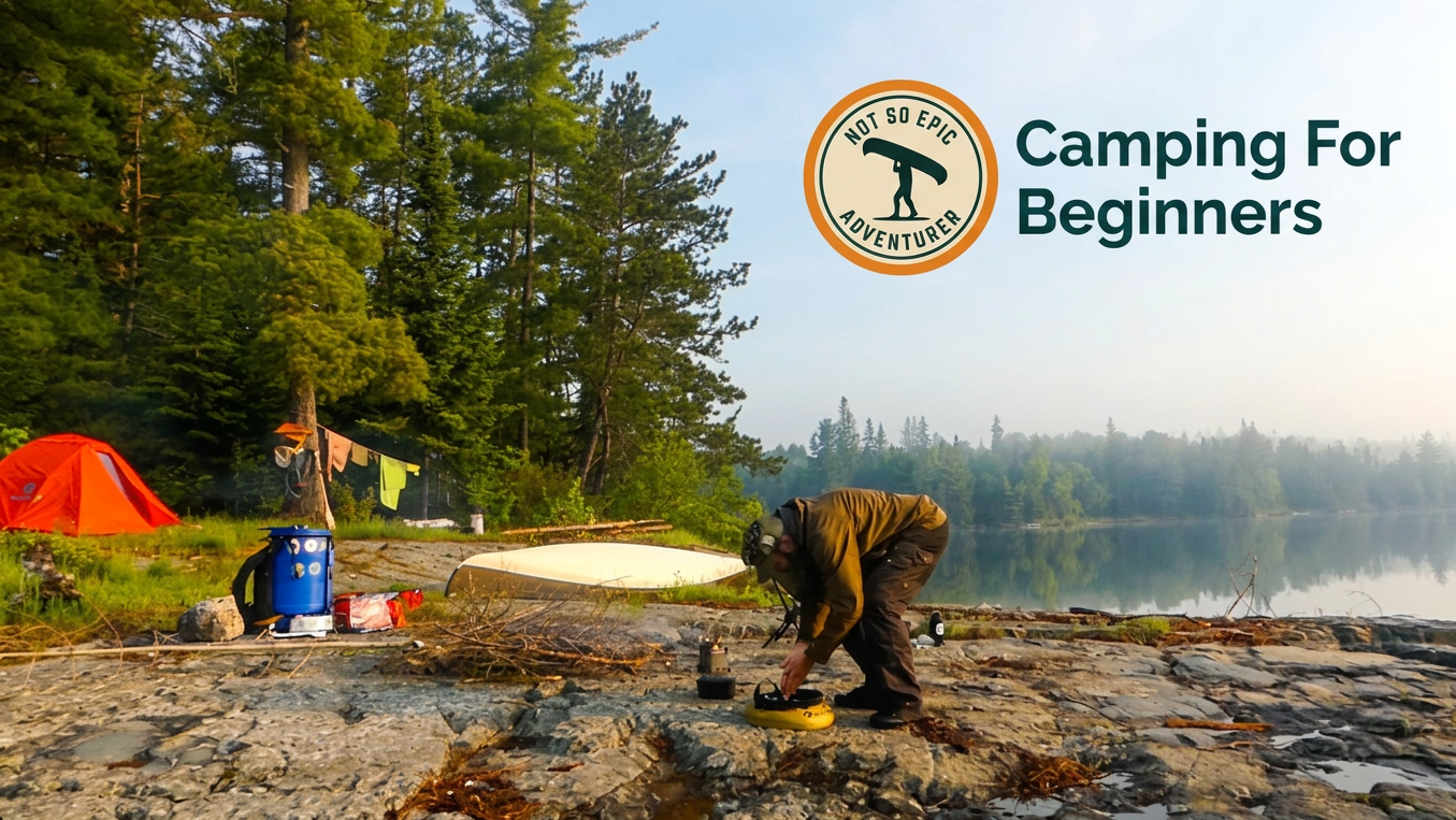 Camping scene with a person by a lake, trees, and 'Camping For Beginners' logo.