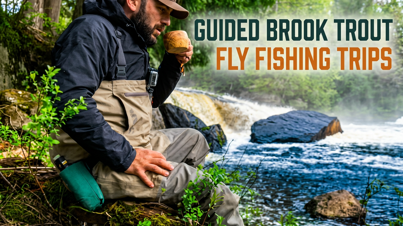 a fishing guide  sitting by a river with text overlay about guided brook trout fly fishing trips.