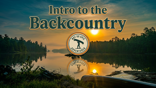 Sunset over a lake with trees and 'Intro to the Backcountry' text overlay.