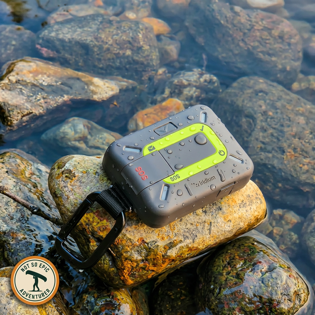Black and green electronic safety device on a rock by water